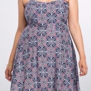 Torrid Strapless Navy and Red Patterned Dress